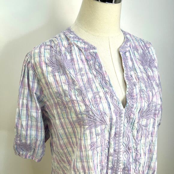 Johnny Was Malo Embroiderd Tunic Plaid Cotton Top Lilac Floral - Picture 2 of 9